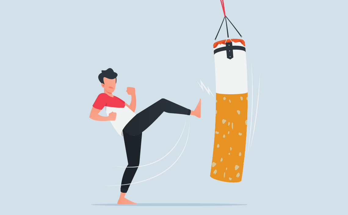An illustration of a man kicking a punching bag shaped and colored like a cigarette